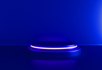 Cylinder podium with white neon lights on blue background. Concept of design for product display. 3d rendering.
