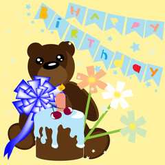Happy birthday card with bear and cake. Vector illustration.