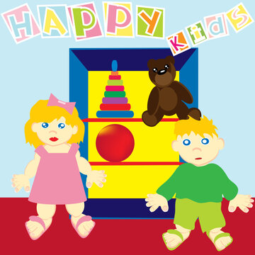 Greeting card with bear and kids. Vector illustration.