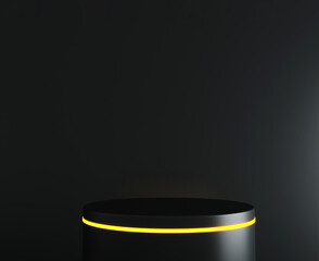Cylinder podium with yellow neon lights on dark background. Concept of design for product display. 3d rendering.
