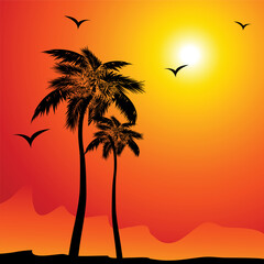 Tropical background with palm and birds