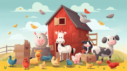 Generative AI Farm animals with landscape - cow, pig, sheep, horse, rooster, chicken, donkey, hen, goose, duck, goat, cat, dog. Cute cartoon vector illustration in flat style