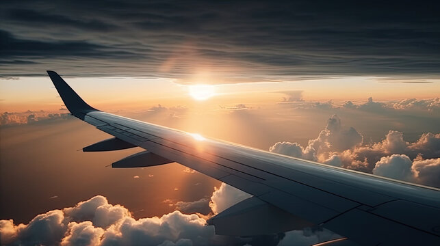 View of a beautiful sunset from an airplane in flight. Generative AI