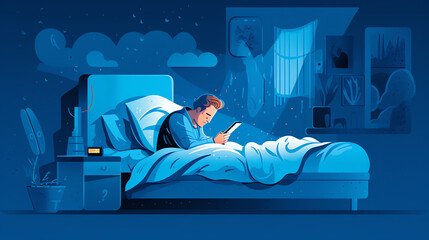 Generative AI Couple laying in bed with phones at night. Concept illustration for sleep disturb, addiction, relationship problems. Vector illustration in flat cartoon style