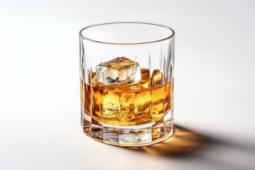 Glass of whiskey with ice on a light background with selective focus. AI generated, human enhanced.