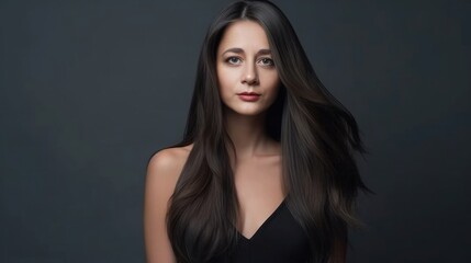 Beautiful young woman with shoulder long straight hair in a black dress - made with Generative AI tools