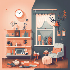 Generative AI Cozy Nursery interior, baby boy's room, flat style vector illustration template