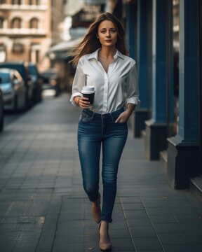 Full body shot of a gorgeous and beautiful young woman with a coffee to go in the streets - made with Generative AI tools