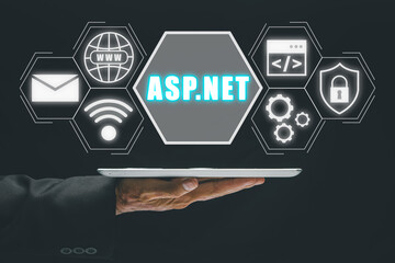 ASP.NET Development programming language concept, Person using tablet with ASP.NET icon on virtual...