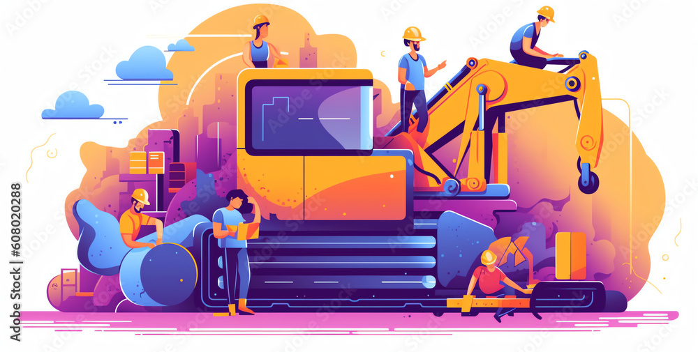 Fototapete Generative AI Website construction, web design concept illustration in flat style. People working on website. Characters doing various tasks, teamwork.