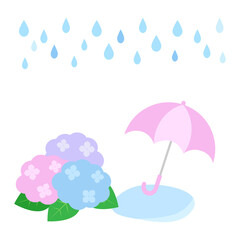 雨降りのなか傘と紫陽花のイラスト
