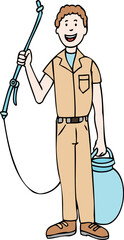 Pest exterminator happily holds his pesticide canister and sprayer.