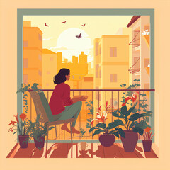 Fototapeta premium Generative AI Woman reading balcony, coronavirus concept. Stay at home during epidemic. Cute vector illustration in flat style