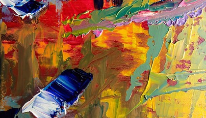 Close-up of a colorful abstract oil painting with palette knife. Oil on canvas. Paint brushstrokes. Generative AI