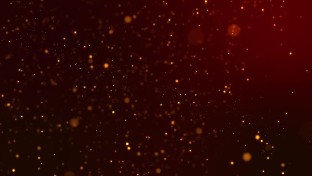 3D abstract digital technology animated yellow-orange light particles on red background.