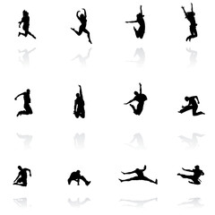 jumping people silhouettes with reflection, vector illustration
