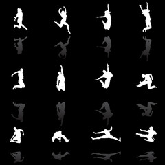 jumping people silhouettes with reflection, vector illustration