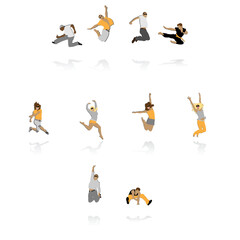 jumping colored silhouettes with reflection, vector illustration