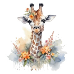 Cute giraffe cartoon in watercolor style - obrazy, fototapety, plakaty