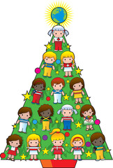 A Christmas tree with children from different countries and a globe star as decorations