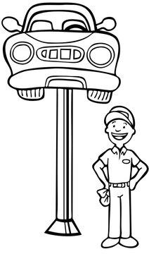Repairman standing next to a car lifted in the air by a hydraulic lift device in a black and white cartoon style.