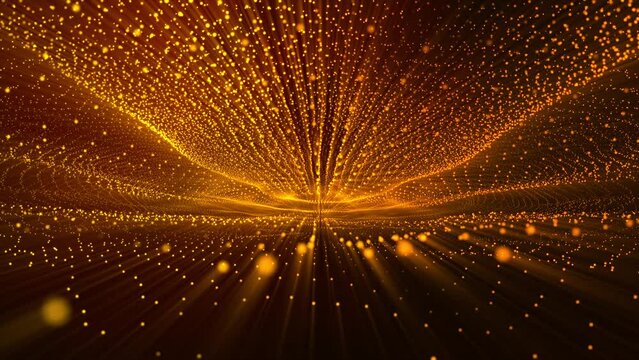 3D abstract digital technology animated yellow-orange light particles on orange background.