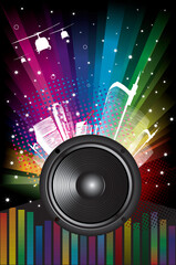 Rainbow Disco Background with city and music equalizer