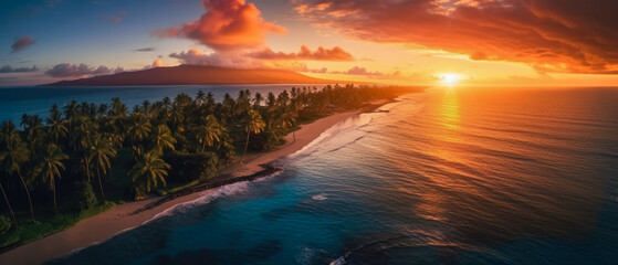  Drone panoramic shot of a tropical beach dramatic sunset. A beautiful summer vacation for enjoying nature (generative AI)