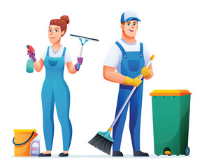 Cleaning service man and woman characters. Professional cleaning staff, janitors cartoon character