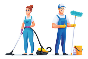 Cleaning workers man and woman characters. Professional cleaning staff, janitors cartoon character