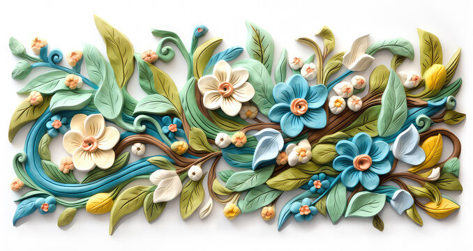 Painted wood carving, bas relief style floral design with carved wood branches, leaves, and blue and white flowers, on a white background. Abstract illustration created with Generative AI technology.