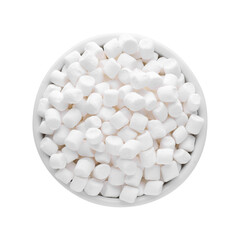 Fototapeta na wymiar Bowl of delicious puffy marshmallows isolated on white, top view