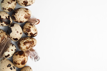 Obraz premium Speckled quail eggs and feathers on white background, flat lay. Space for text