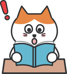 Surprised orange tabby cat while reading a book, vector illustration.