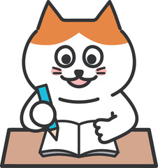 Orange tabby cartoon cat taking notes happily, vector illustration.