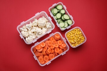 Plastic containers with different fresh products on red background, flat lay