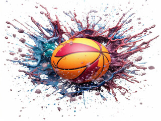 Fototapeta na wymiar A basketball falling into a large splash of watercolor. AI-generated and human-created