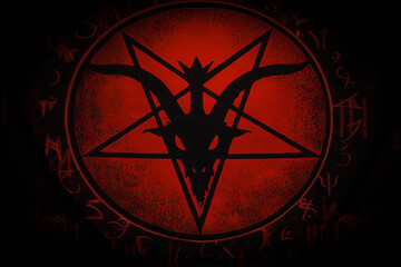 satanic pentagram goat head Baphomet with red background and satanic symbols Church of Satan religious evil religion