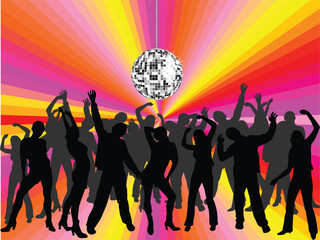 vector illustration of young people silhouettes on an abstract disco background with silver mirrow ball