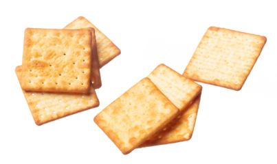 Cracker Butter square fall fly in mid air, golden crispy cracker Butter floating. Cracker Butter complete square throw in air. White background isolated freeze motion high speed shutter