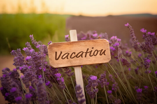 Wooden sign in a lavender field with texst: Vacation - Done with generative AI