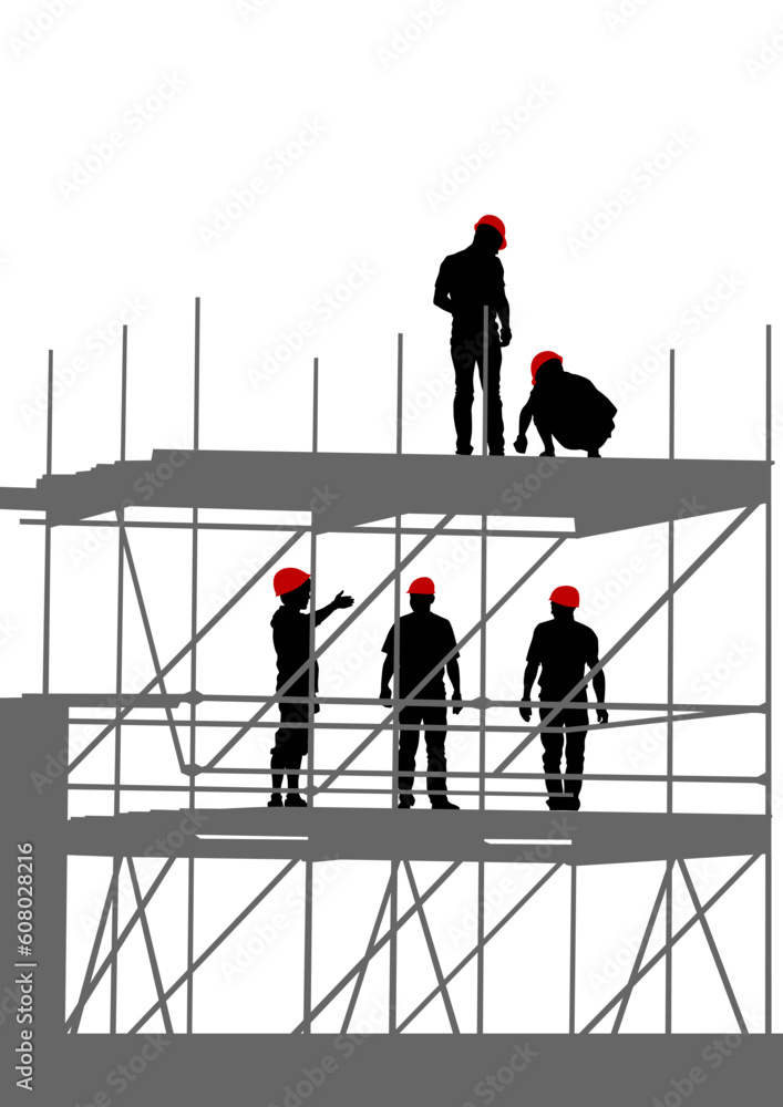 Poster vector drawing of building structures and worker on dais