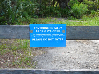 Florida Park Environmentally Sensitive Area Sign. A sign posted in a central Florida state park signifies efforts to protect an environmentally sensitive area.