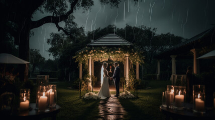 Marriage couple holding hands in rain