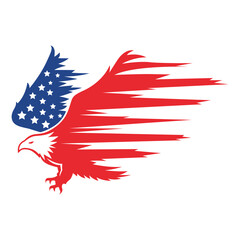happy independence day united states. vector logo symbol of a gallant eagle flying fast with USA flag motif - obrazy, fototapety, plakaty