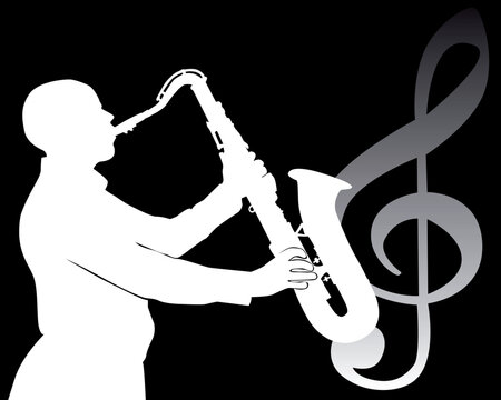 black silhouette of a saxophone player on a black background