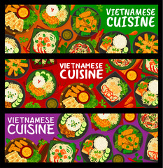 Vietnamese cuisine meals horizontal banners. Beef and chicken rice noodles, caramelized pork and fish in tomato sauce, wheat noodles with prawns and rice with shrimps, pork and beef spring rolls