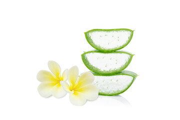 Aloe vera with slice and Plumeria white color for spa relax on white background , herb and medical concept, selective focus