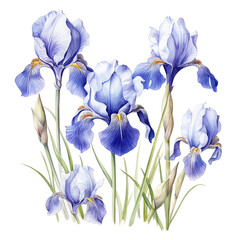 Watercolor Illustration Vibrant Irises on White Background, Delicate Botanical Beauty