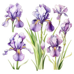 Watercolor Illustration Vibrant Irises on White Background, Delicate Botanical Beauty